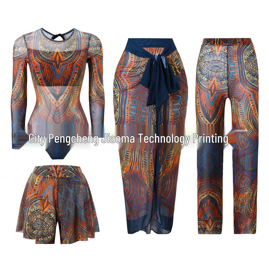 Vierteiliger Damen-Badeanzug mit langen Ärmeln, Netzstoff, Sonnenschutz und Hose