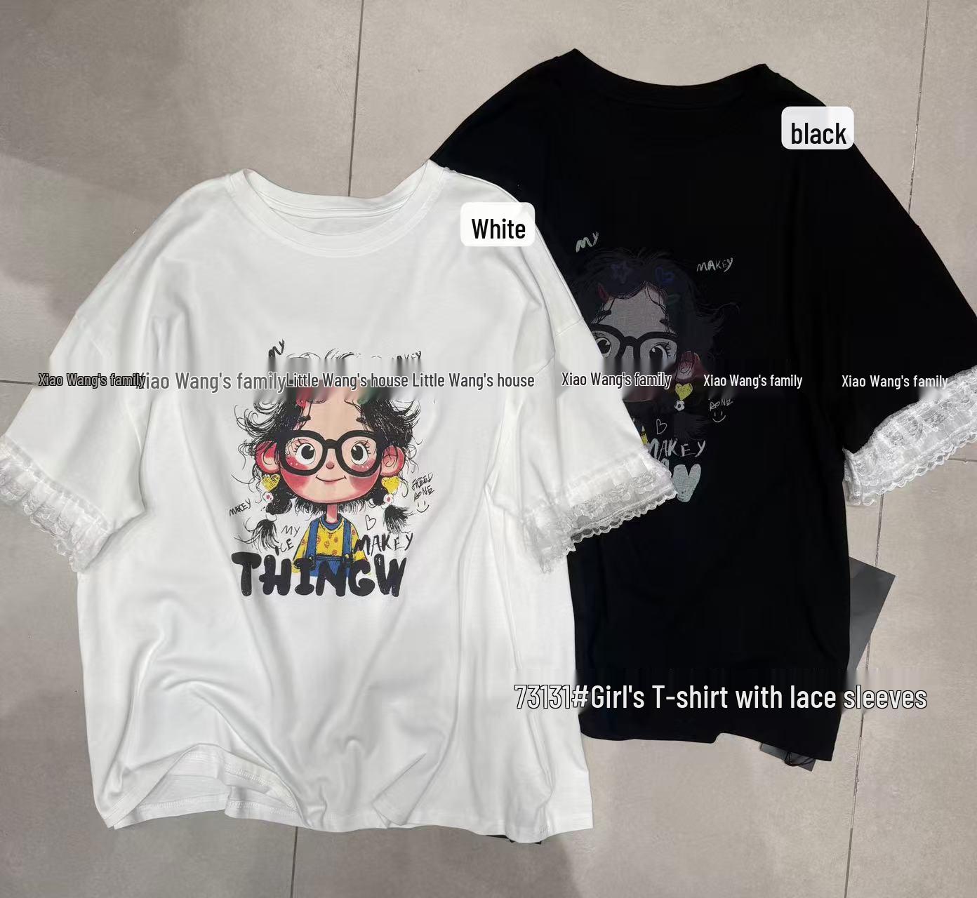 

Xiao Wang s Women s Plus Size Casual Korean Style Lace Trim Short Sleeve T-Shirt One Size белый