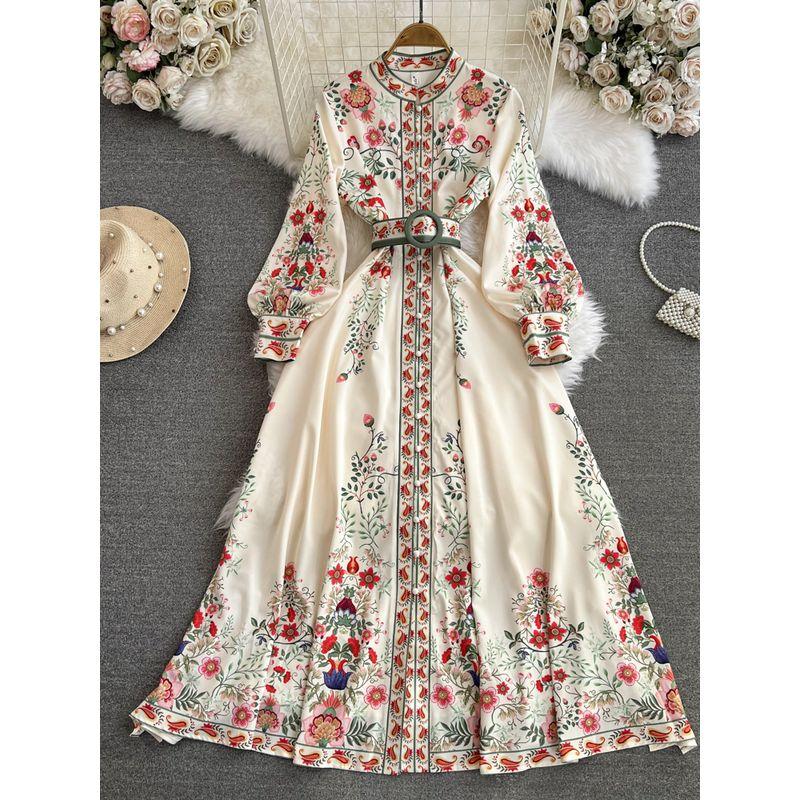 

Retro Long Sleeves Single-Breasted Large Swing Dress Dress Apricot M