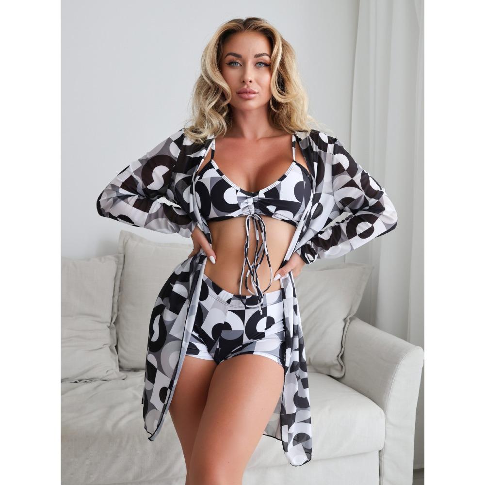 Bikini de Tres Piezas para Mujer con Pantalones Cortos tipo Boy Short, Bañador de Moda con Lazo y Cubre Traje de Playa