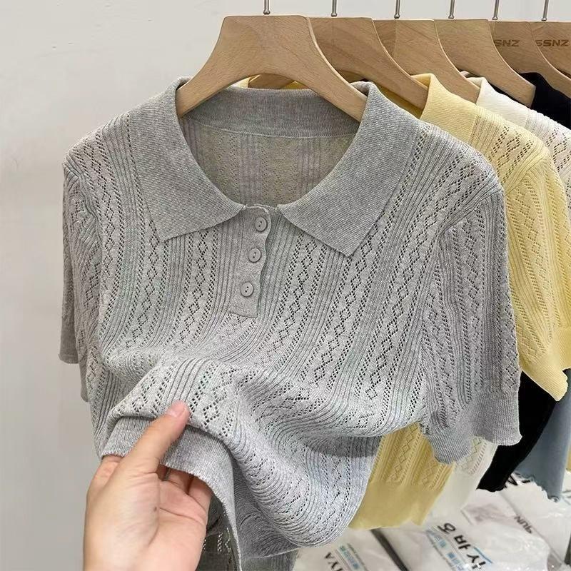 Summer Shirt Lapel Hollow Out Short Sleeved Women Knitted Sweater 2026 Slim Fit Casual Tops New Fashion Shirts Ladies Solid Color Simple Blouse