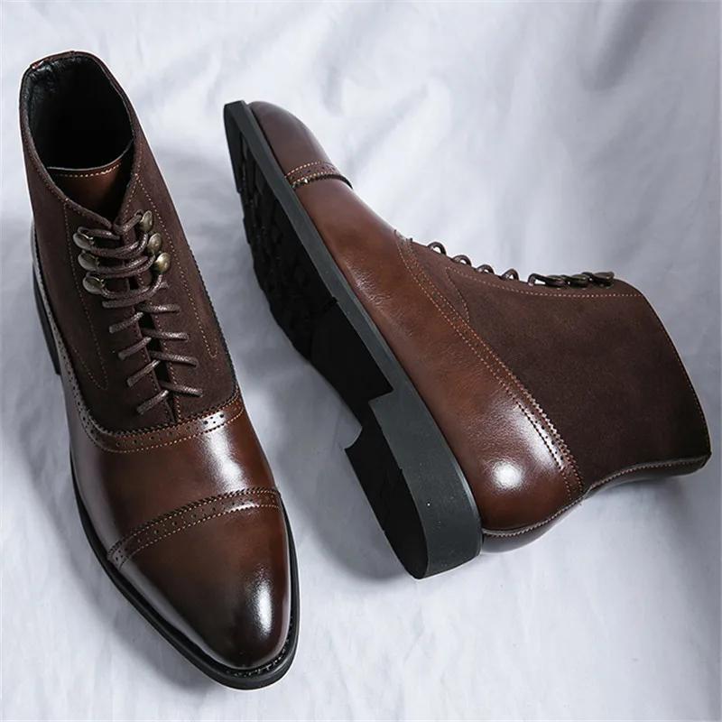 

Мужские ботинки в британском стиле, деловые кожаные ботинки, модные остроносые ботильоны на шнуровке, повседневные высокие ботинки для мужчин, панк-рок ботинки 38 коричневый