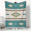 Southwestern Tribal Diamond Fleece Blanket, Turquoise Beige Aztec Stripe Pattern Cozy Throw for Camping Office Living Room Daily