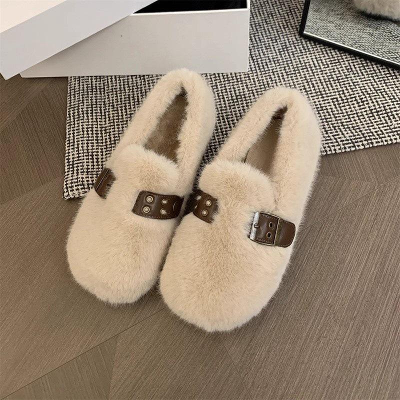 Mink Hairy Shoes Women Wear 2025 New Autumn and Winter Fairy Wind One Pedal Bean Shoes Women's Flat-bottomed Velvet Cotton Shoes