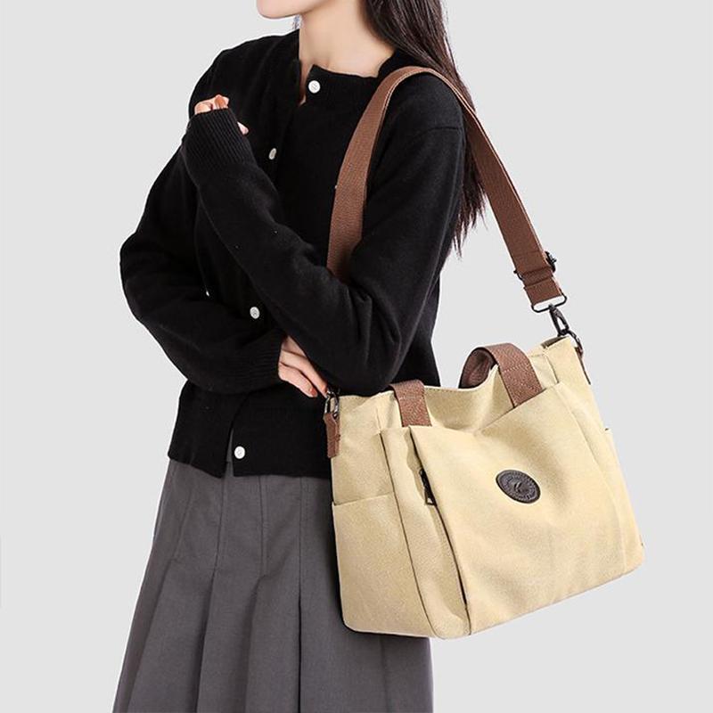 Fashi Canvas Women Handbag Large Capacity Minimalist Shoulder Bag Multi Pocket Zipper Crossbody Bag Student Commuter Tote Bag