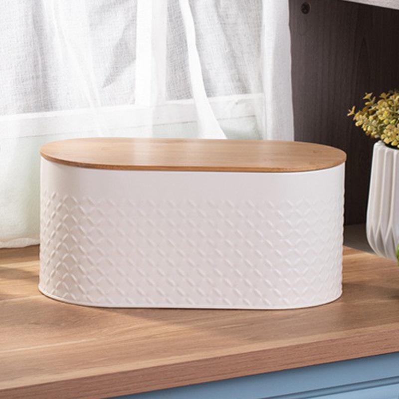 

Patterned metal bread box household food breathable fresh-keeping storage tank kitchen oval bamboo cover bread box L34*W18*H15.5 cm