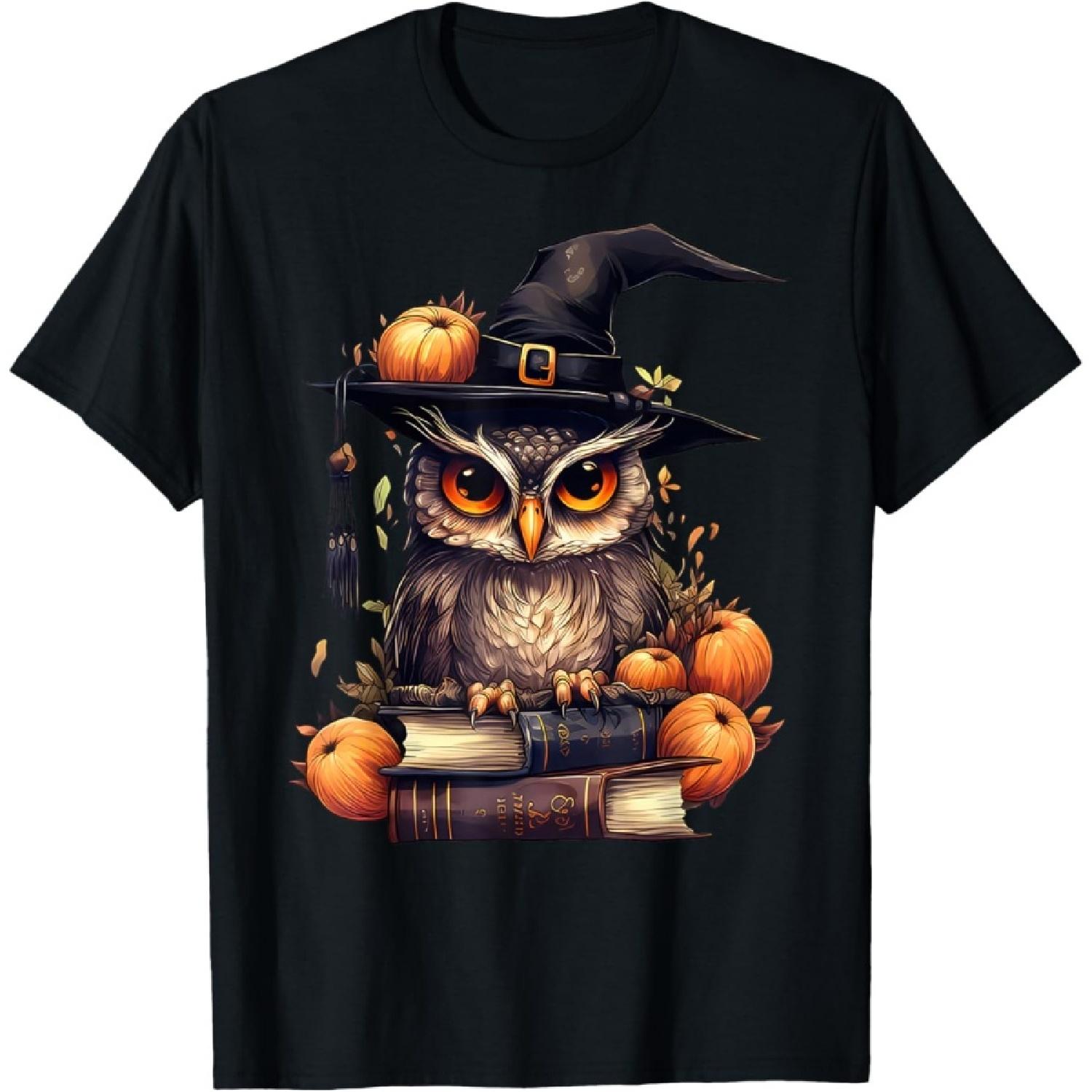 Cottagecore Owl Witch Hat On Book Pumpkin Halloween Costume T-Shirt S