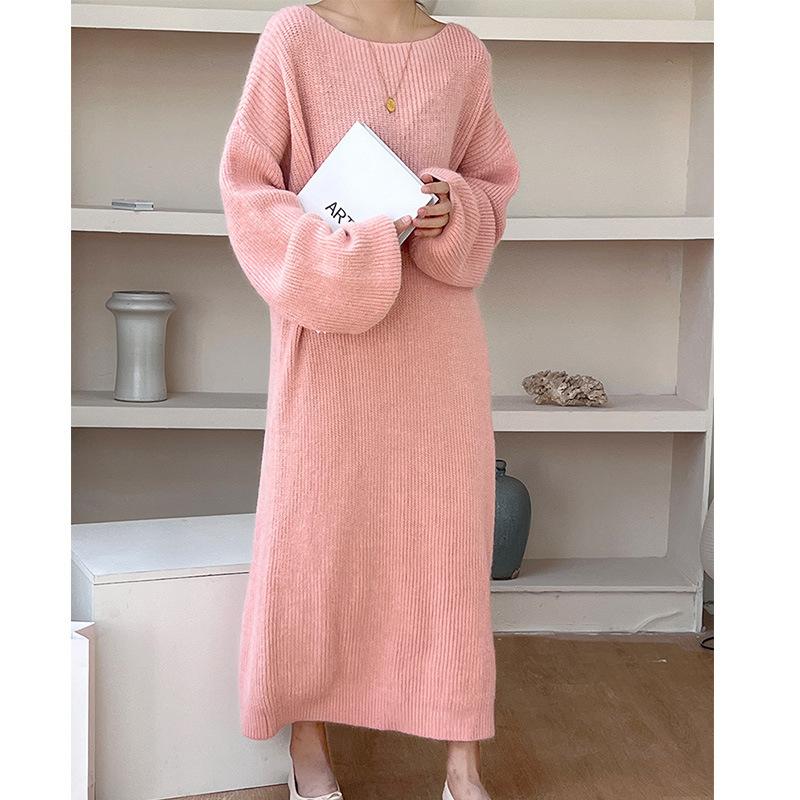 Solid Color Sweater Skirt Women's Loose Large Version, Thin and Lazy Temperament Large Size Knee-length Crew Neck Knitted Dress