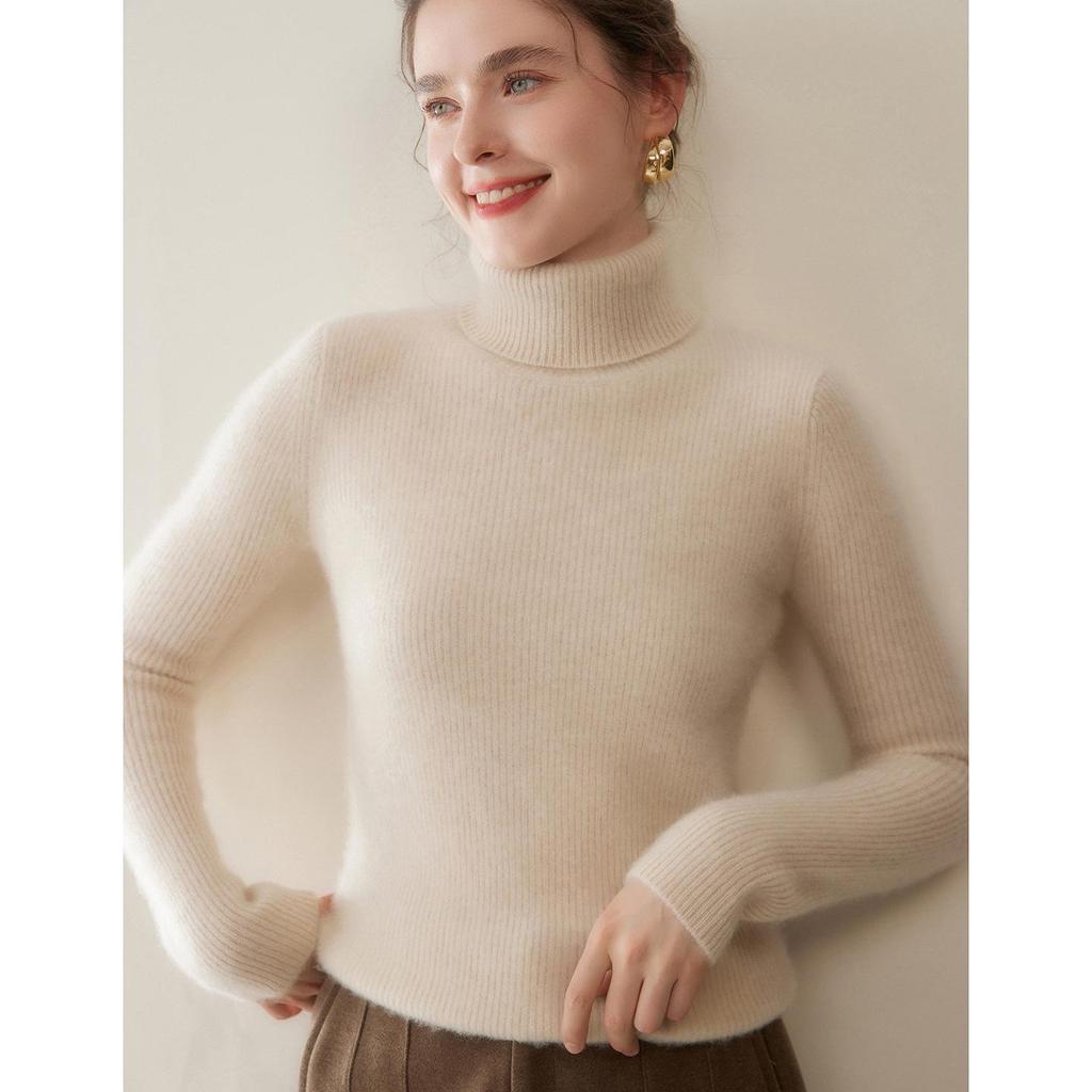 Women's Striped High-Neck Cashmere Sweater: Autumn/Winter Slimming Wool Pullover and Base Layer Knitwear