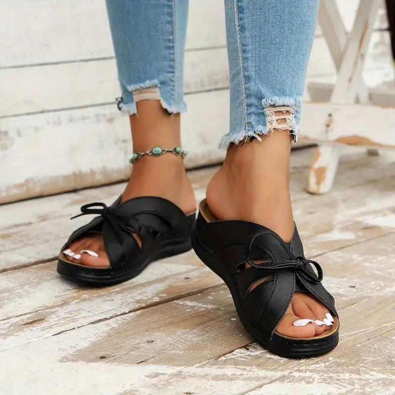 Large Size Bow Wedge Heel Flat Bottom Cool Slippers New Solid Color Fish Mouth Hollow Hole Shoes