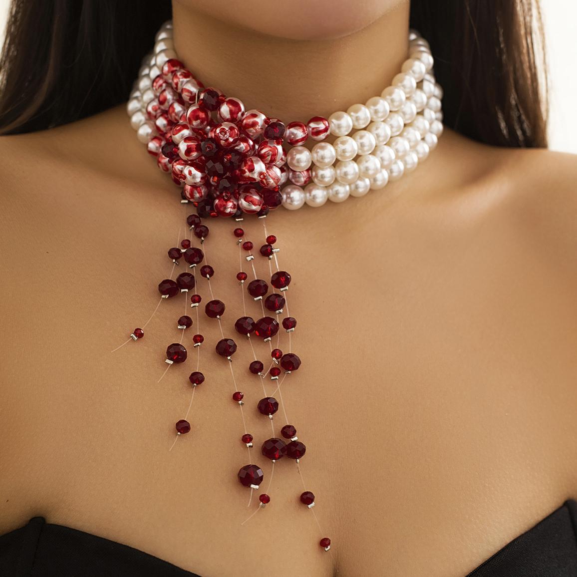 

Goth Vintage Red Blood Pattern Imitation Pearl Chain Necklace for Women Wed Bridal Long Tassel Beads Pendant Halloween Jewelry