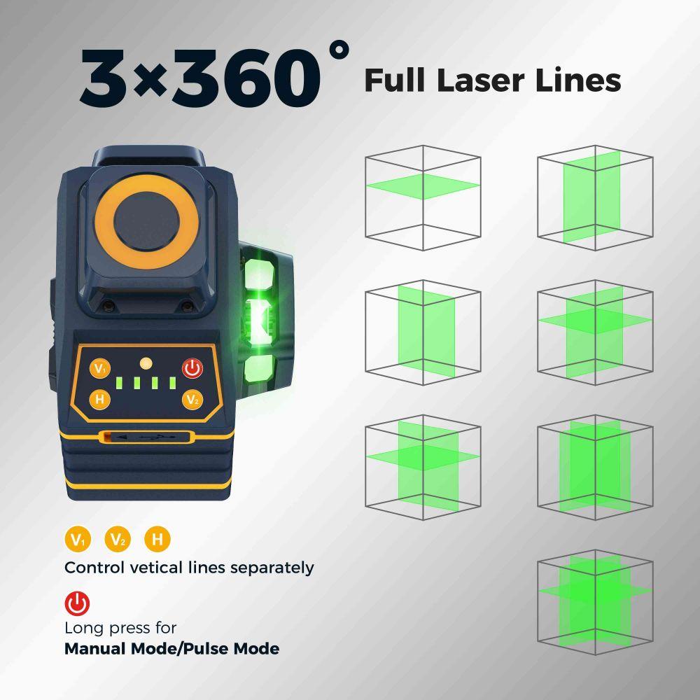 CIGMAN CM-701SE 3x360° 12 Linien Laser-Wasserwaage, selbstnivellierend, 3D grünes Kreuz, mit Fernbedienung und magnetischer L-förmiger Halterung