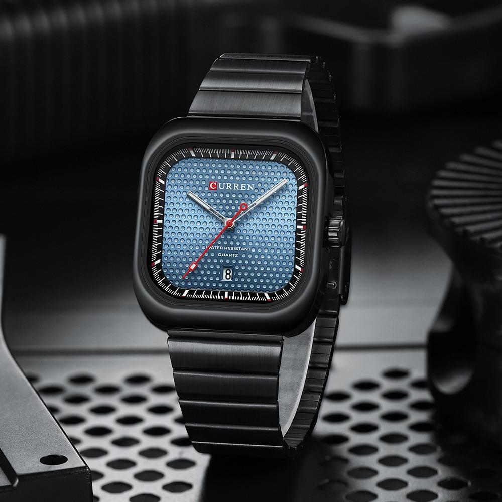 CURREN Simple Business Square Quartz Watches Casual Stainless Steel Bracelet Wristwatch with Auto Date for Men