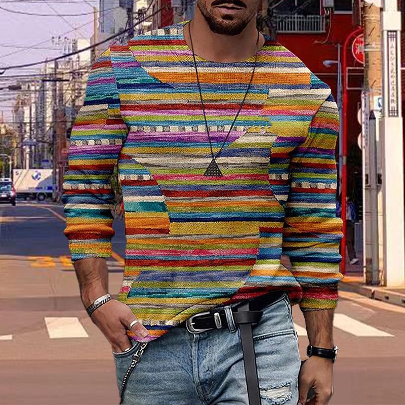 

Новые 3D красочные полосатые мужские футболки с длинным рукавом с круглым вырезом повседневный пуловер мужская одежда больших размеров