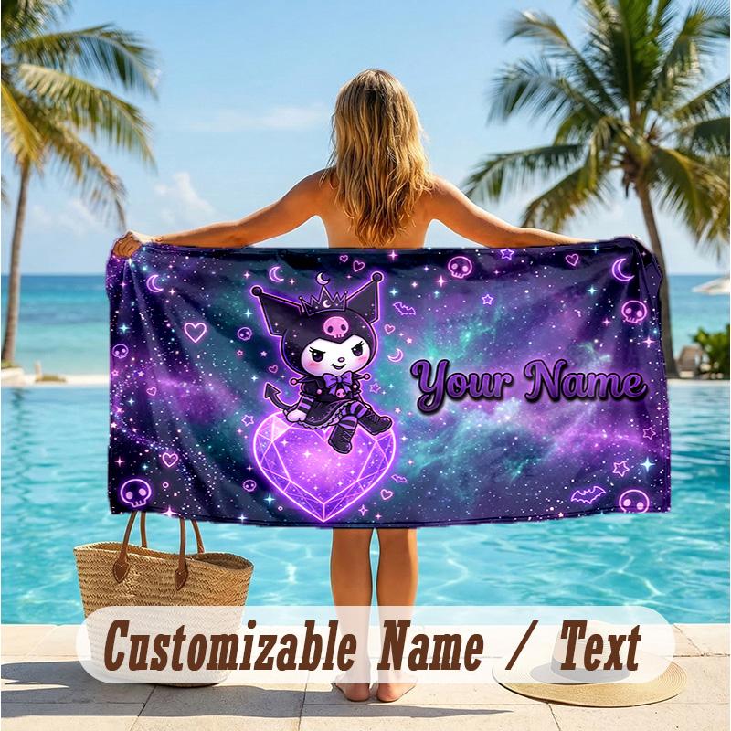 Custom Text Beach Towel, Soft Absorbent Swimming Multi-use TowelKuromi