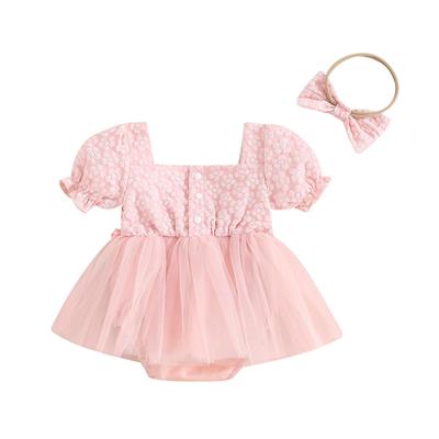 Infant Baby Girls Summer Romper Dress with Bow Headband 3D Flower Short Puff Sleeve Square Neck Tulle Jumpsuit