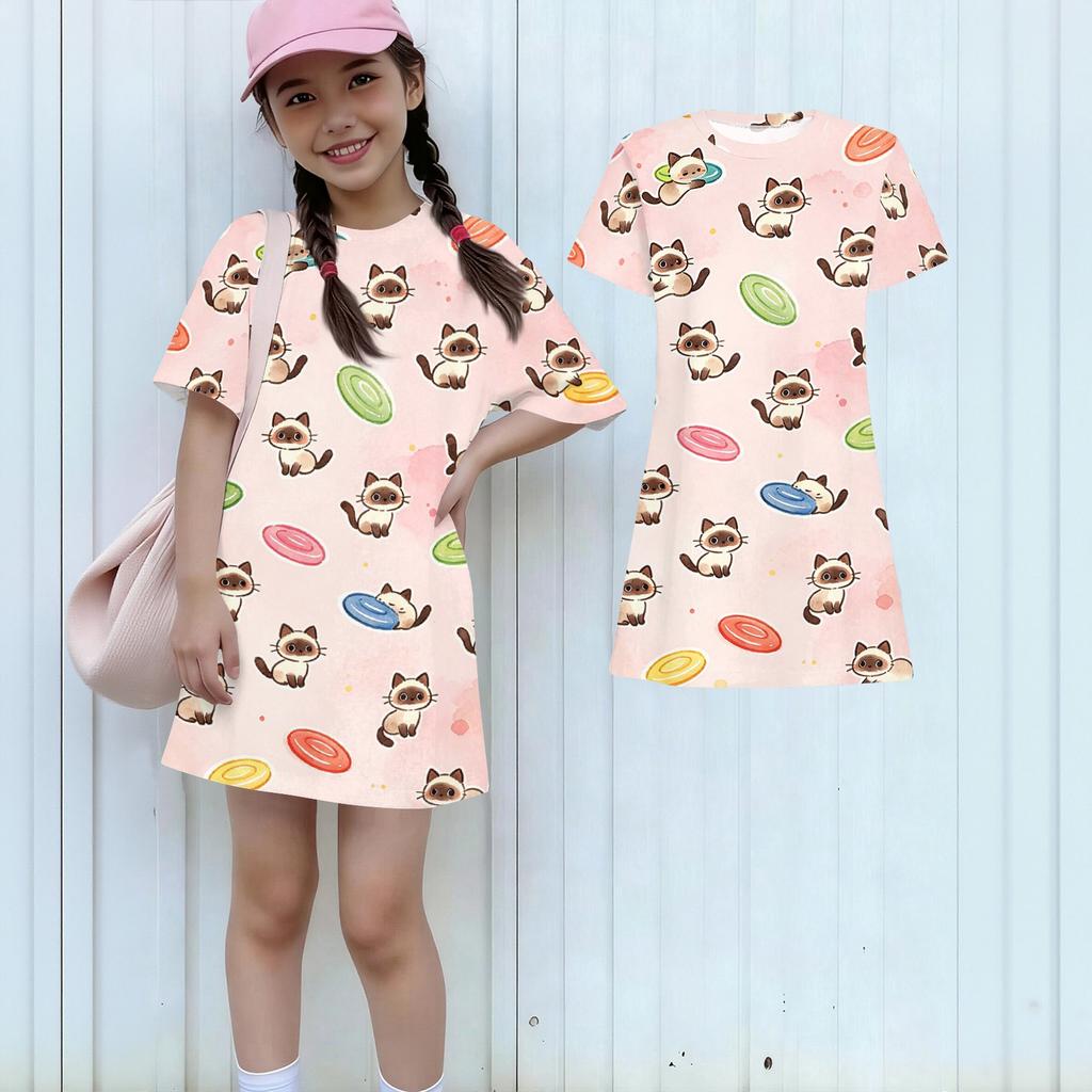 Girls Loose Fit Short Sleeve Dress Lightweight Round Neck Casual Dress with Animal Print Pattern for Kids Summer Wear