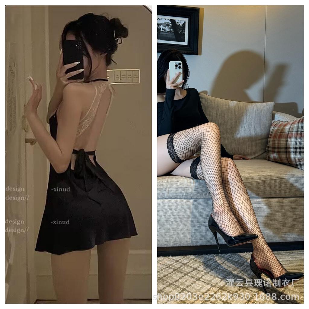 Sexy lace satin lingerie gentle wind perspective suspender nightdress low chest backless temptation miniskirt