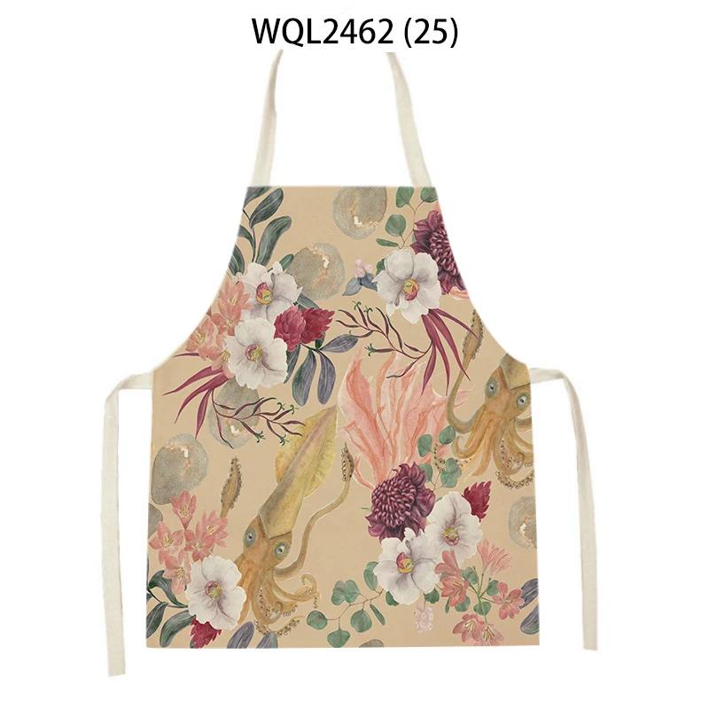 Women Flowers Print Linen Kitchen Apron Household Cleaning Apron Adult Children Cooking Baking Accessories Sleeveless Apron