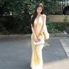 French Fairy Yellow Gradient V-Neck Spaghetti Strap Beach Dress for Women