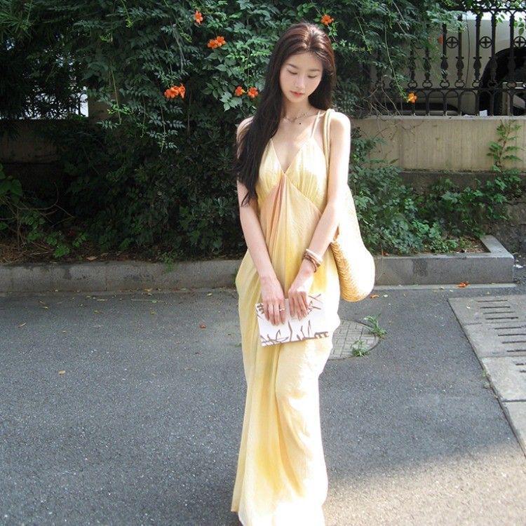 French Fairy Yellow Gradient V-Neck Spaghetti Strap Beach Dress for Women