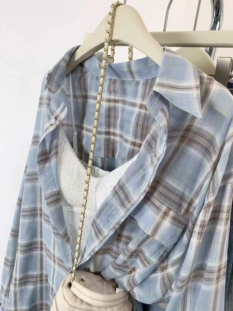 2025 Women's Lazy Style Summer Plaid Shirt - Casual Mid-Length Long-Sleeved Top with Sun Protection