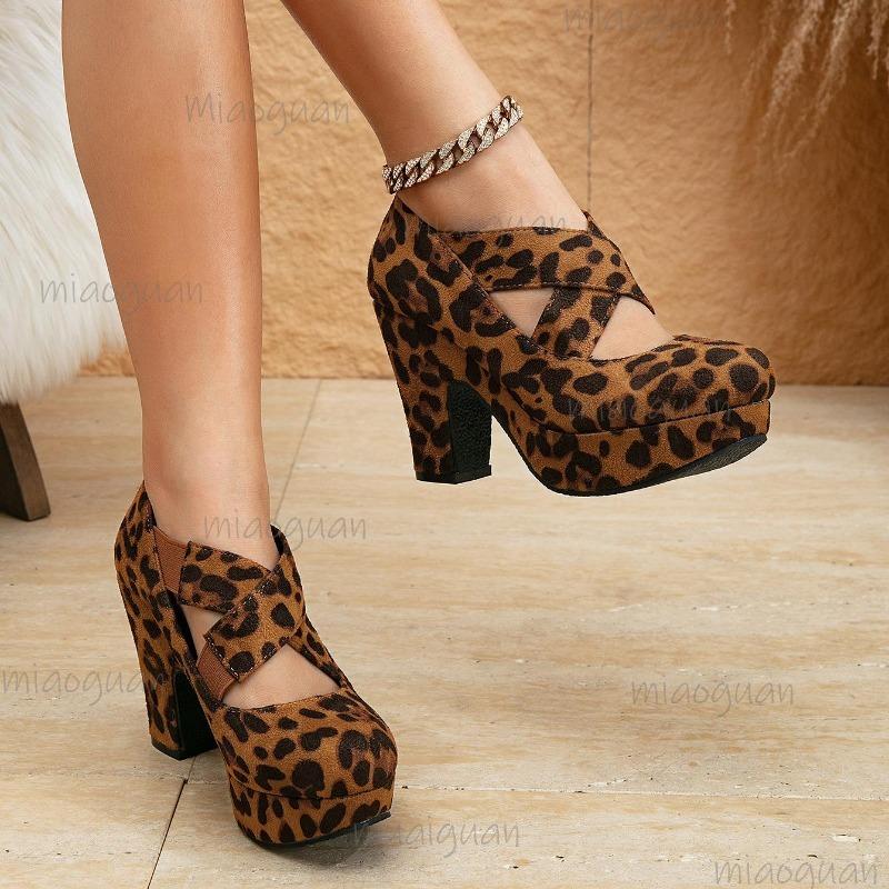 Chaussures Mary Jane Vintage pour Femmes Daim Léopard Cuir Talon Épais Plateforme pour Femmes Confortables Escarpins Talon Haut Taille 35-43