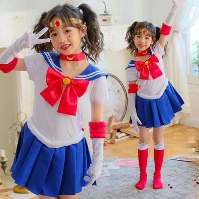 Sailor Kostüm Moon Usagi Tsukino Cosplay Kostüme Kinder Mädchen Niedlich Kurzarm Kleid Handschuhe Socken Halloween Karneval Kleidung
