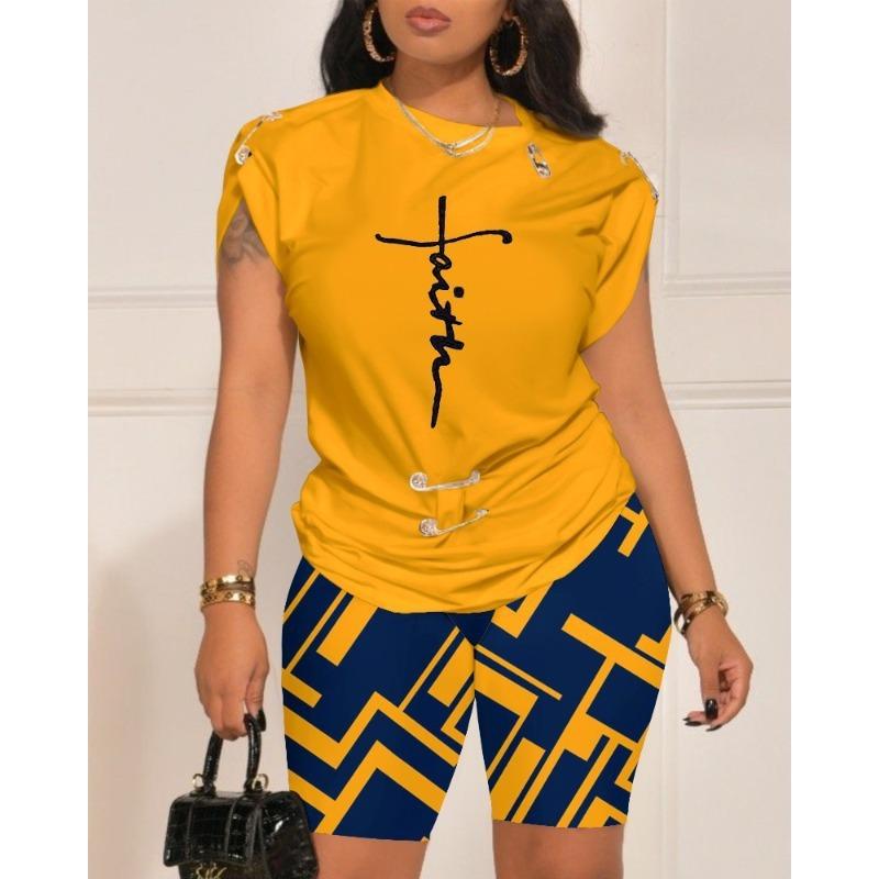 YYFS Pantaloni da donna alla moda casual, estivi e primaverili, a maniche corte, con scollo a V