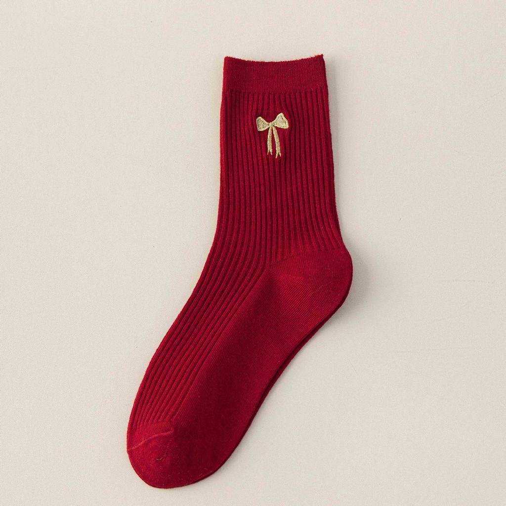 Big Red Socks New Year'S Red Socks Medium Tube Sweat-Absorbing Cotton Socks Embroidered Versatile Year Of The Horse Double Needle Stacking Socks