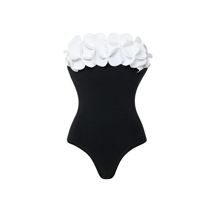 2024 Stylish Black & White 3D Floral Bandeau One-Piece Swimsuit for Women