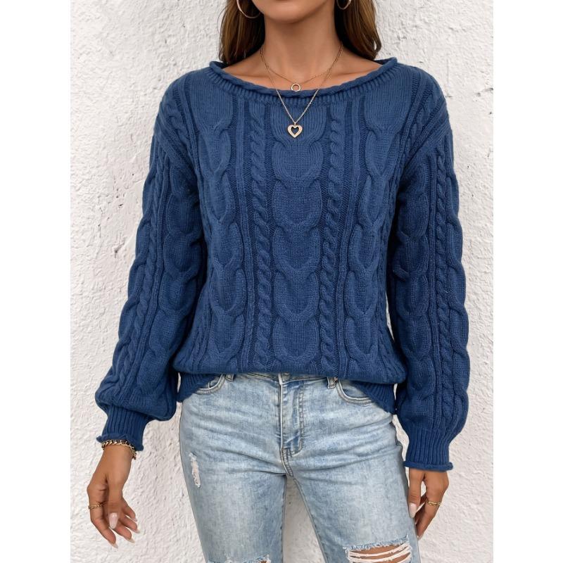Women Casual Loose Off Shoulder Long Sleeve Cable Knit Pullover Sweater