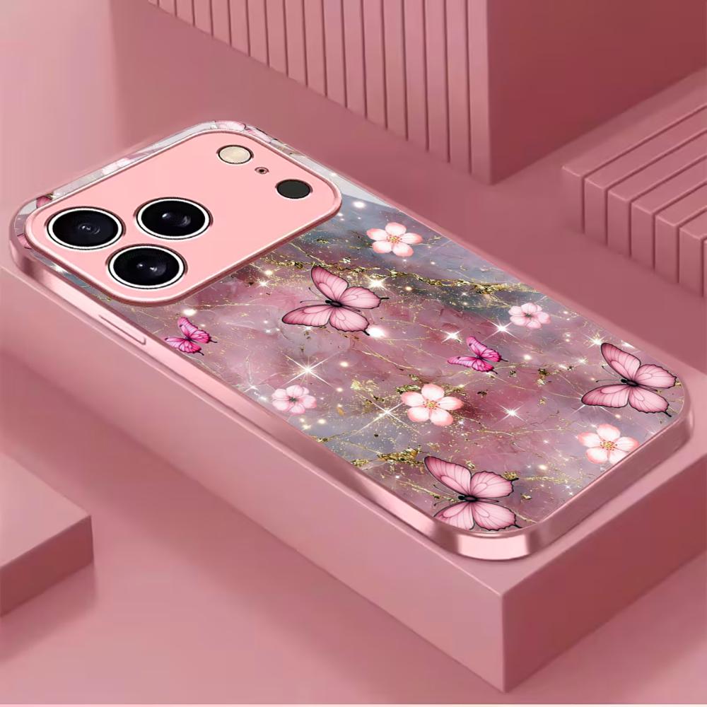 Pink Butterfly High-end Phone Case Electroplated Glass TPU PhoneCase for iPhone 17 16 15 14 13 12 11pm Pro Plus 10