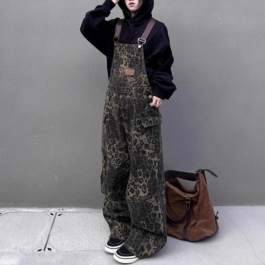 Damen Leopard Jumpsuits Y2k Kleidung Streetwear Weitbeinige Baggy Jumpsuits Mehrere Taschen Locker Cargo Overalls Rompers