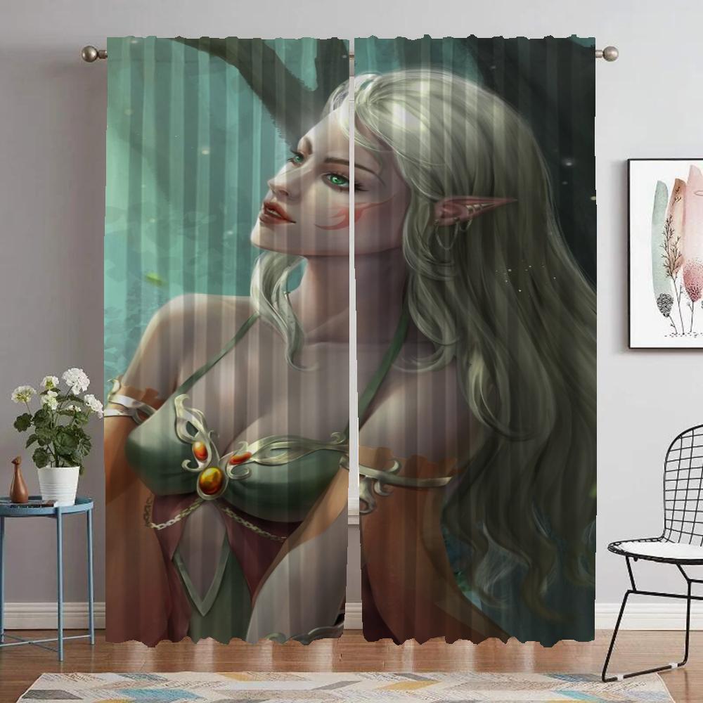Modern Living Room Curtains 2 Pieces Female Elf Blackout Curtain for Room 2 Panel Shades Halloween Decoration Partition Kitchen
