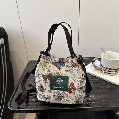 Floral Retro Design Portable Bucket Tote Bag New Trend Commuter Shoulder Messenger Bag
