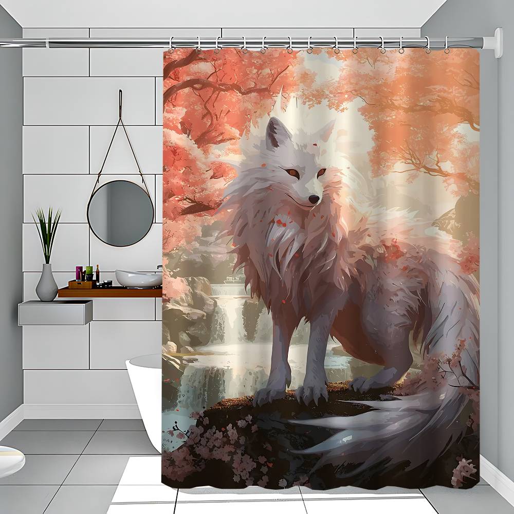 Fantasy Mystical Sakura Nine Tailed Fox 1PC Printed Shower Curtain Waterproof Washable With 12 Hooks Bathroom Shower Home Use