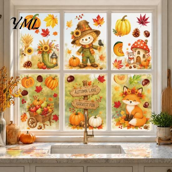 Creative Autumn Window Displays 6 Sheets Harvest Stickers, Thanksgiving Cartoon Static Cling Decorations with Festival Decor Pumpkins Maple