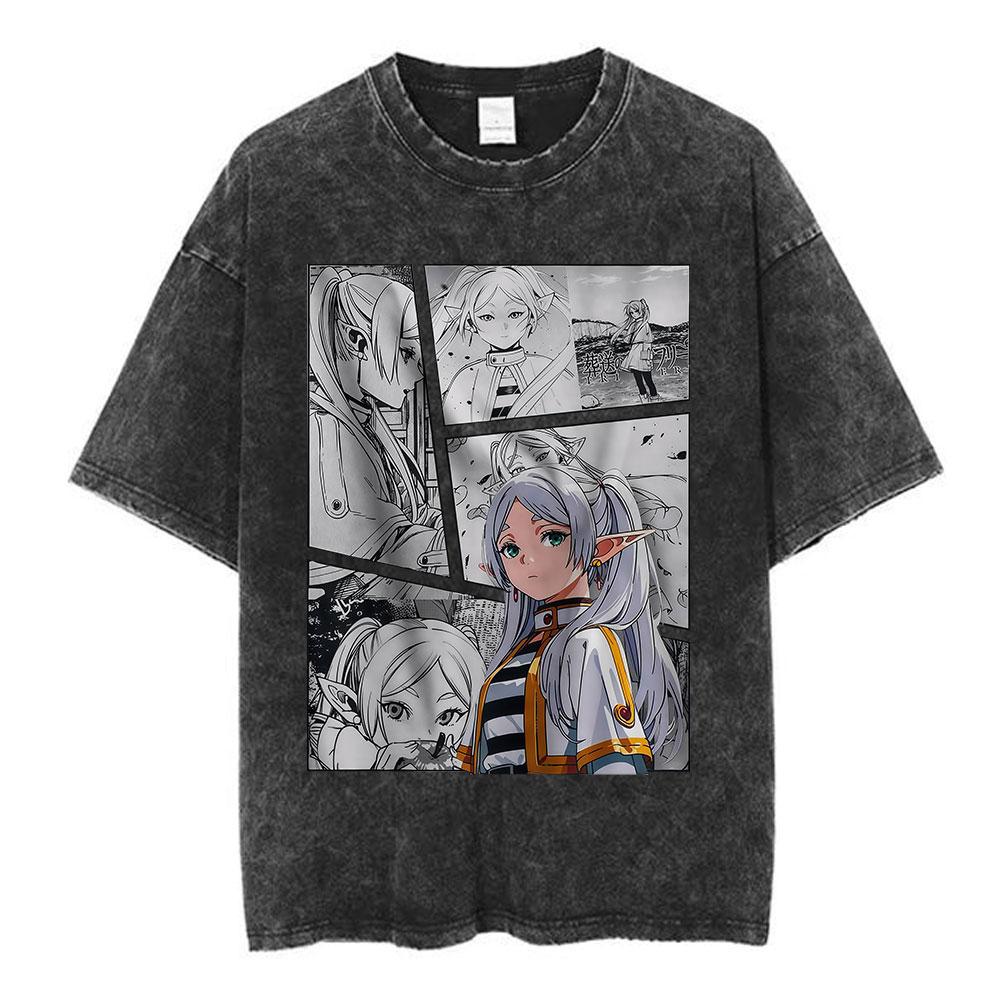 Anime Frieren Beyond Journeys End Frieren Washed Vintage Tshirt Men Women Fashion Manga Tshirts High Quality Cotton T Shirts