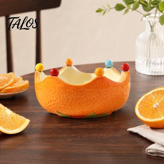 Fruit Plate with Fruit Fork, Ceramic Fruit Bowl, Orange Decorative Snack Serving Dish, for Kitchen Counter And Dining Table