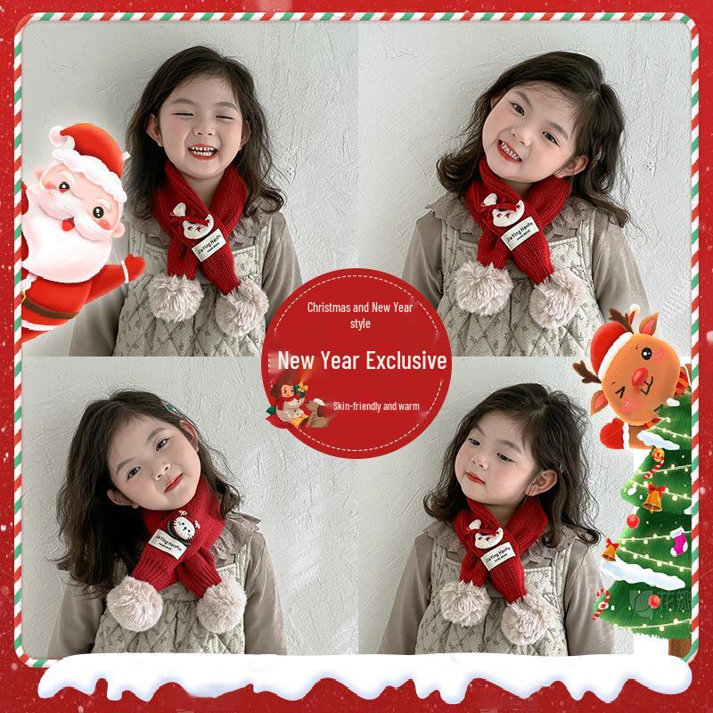Korean Style Cute Red Knit Scarf for Children - Cozy Autumn/Winter Neck Warmer for Festive Season