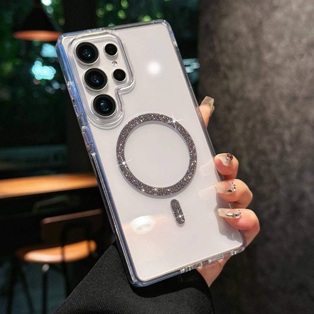 For Samsung Galaxy S24 Ultra Case Compatible with MagSafe Glitter Ring TPU+Acrylic Clear Phone Cover Airbag Protection