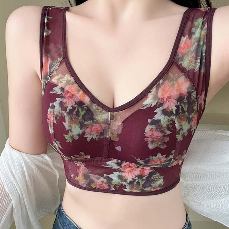 Middle-aged and Elderly Large Size Bra Gathered Comfortable Mesh Back One-piece Fixed Cup Without Steel Ring Underwear
