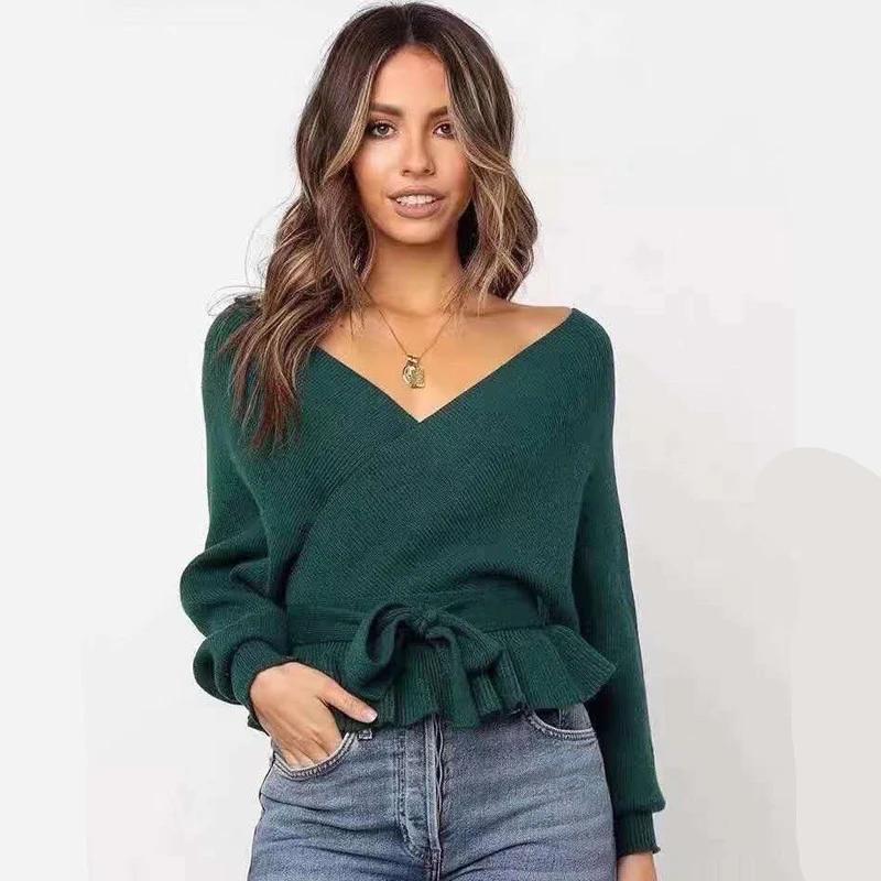 Office Lady Solid Color Tops Autumn Winter Sexy V-neck Back Strap Pullover Women Elegant Fashion Sweater Loose Clothes  28267