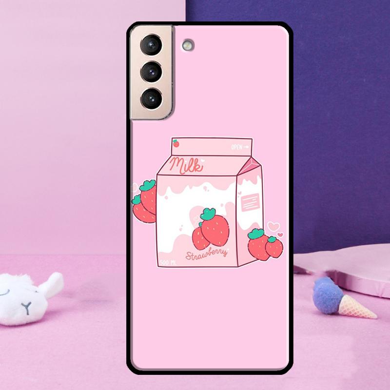 Kawaii Strawberry Milk Phone Case For Samsung Galaxy S25 Ultra S24 S23 Ultra S9 S10 S20 S21 S22 Plus S24 FE Cover