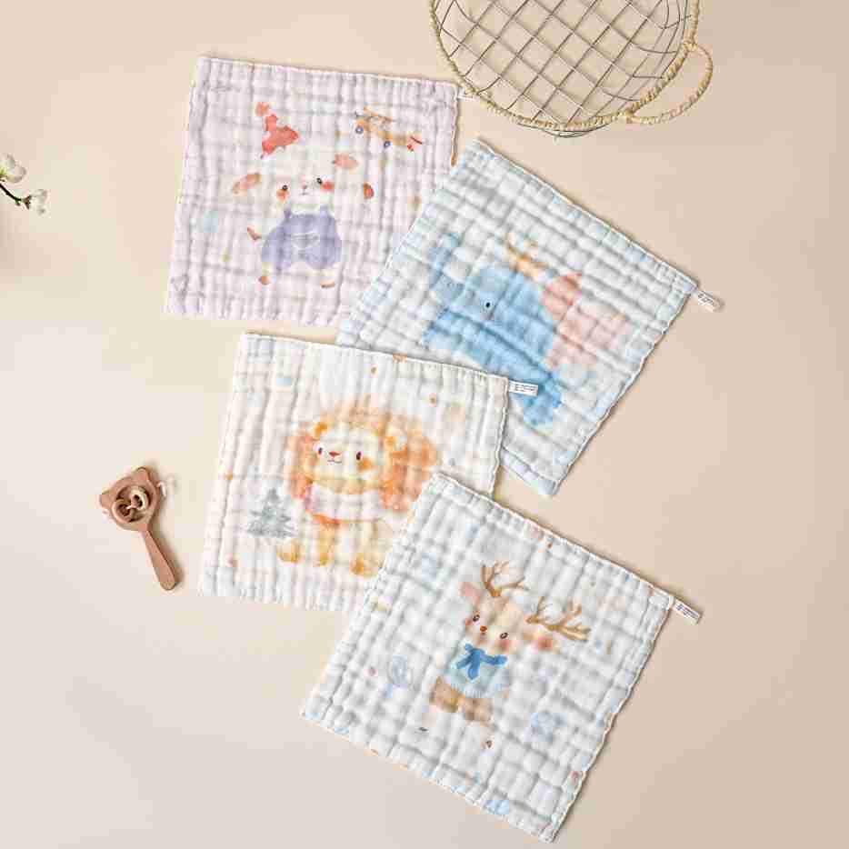 Cartoon Print Soft Cotton Baby Towel & Bib Set - Six-Layer Breathable Gauze 