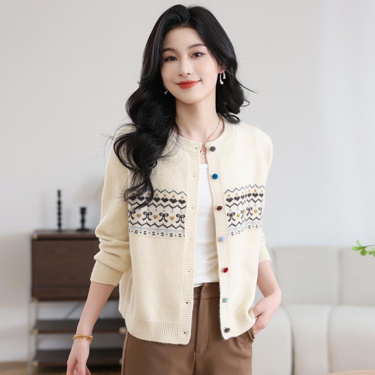 Autumn and Winter New Loose and Comfortable Casual Women's Sweater Retro Contrasting Color Jacquard Knitted Cardigan