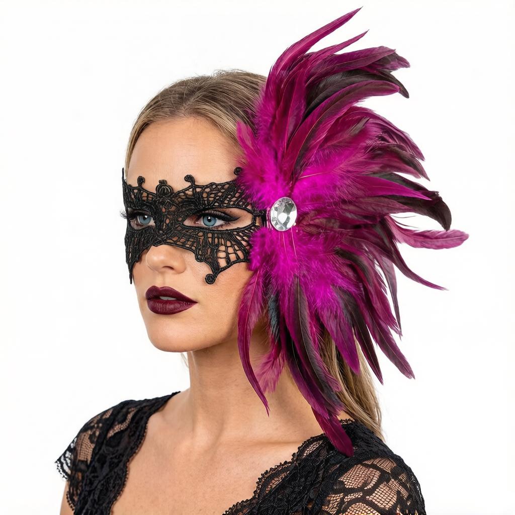 Feather Side Headpiece with Lace Eye Mask for Carnival Parade Masquerade Ball Mardi Gras Party Samba Dance Costume Outfit