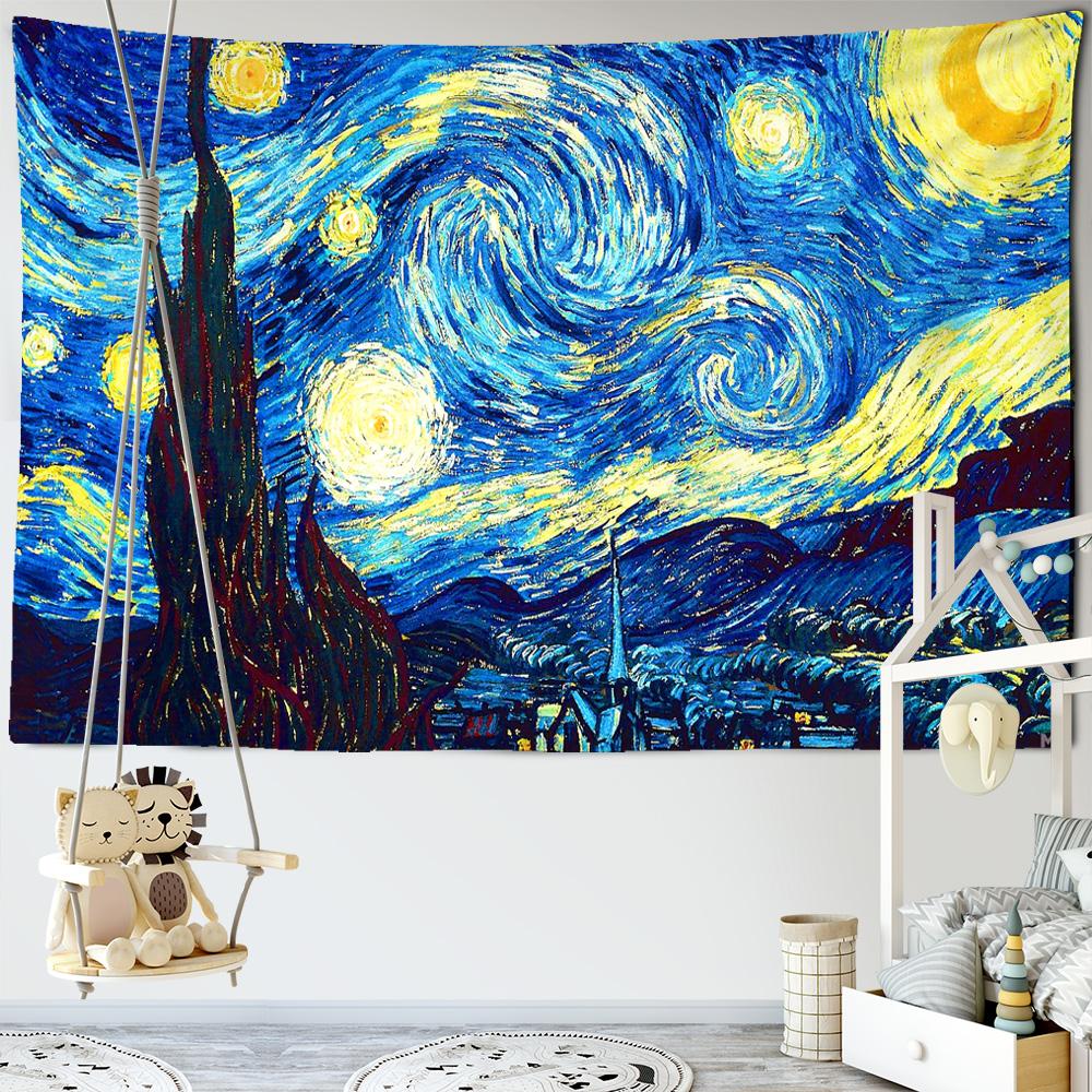 Wandteppich mit berühmtem Van Gogh-Druck, Decke, Wandbehang, Stern, Mond, Nacht, Wandteppich, dekorative Decke, Stoff, Schlafzimmer, 200 x 150 cm, groß