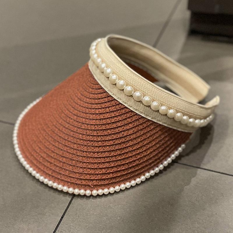 Women Straw Visor Hat With Pearl Decoration Breathable Sun Protection Headband For Spring Summer Travel And Daily Wear